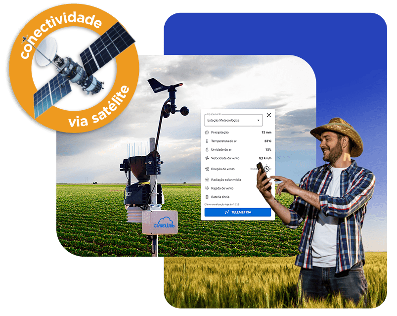 Estação climatica com conectividade via satélite e Agricultor utilizando aplicativo Clima Web